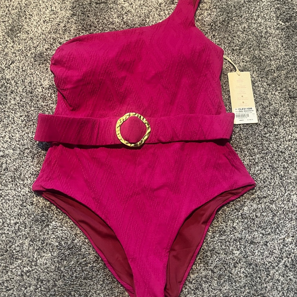 Cosita Linda beachware One-Shoulder Magenta One-Piece Swimsuit with Gold Buckle